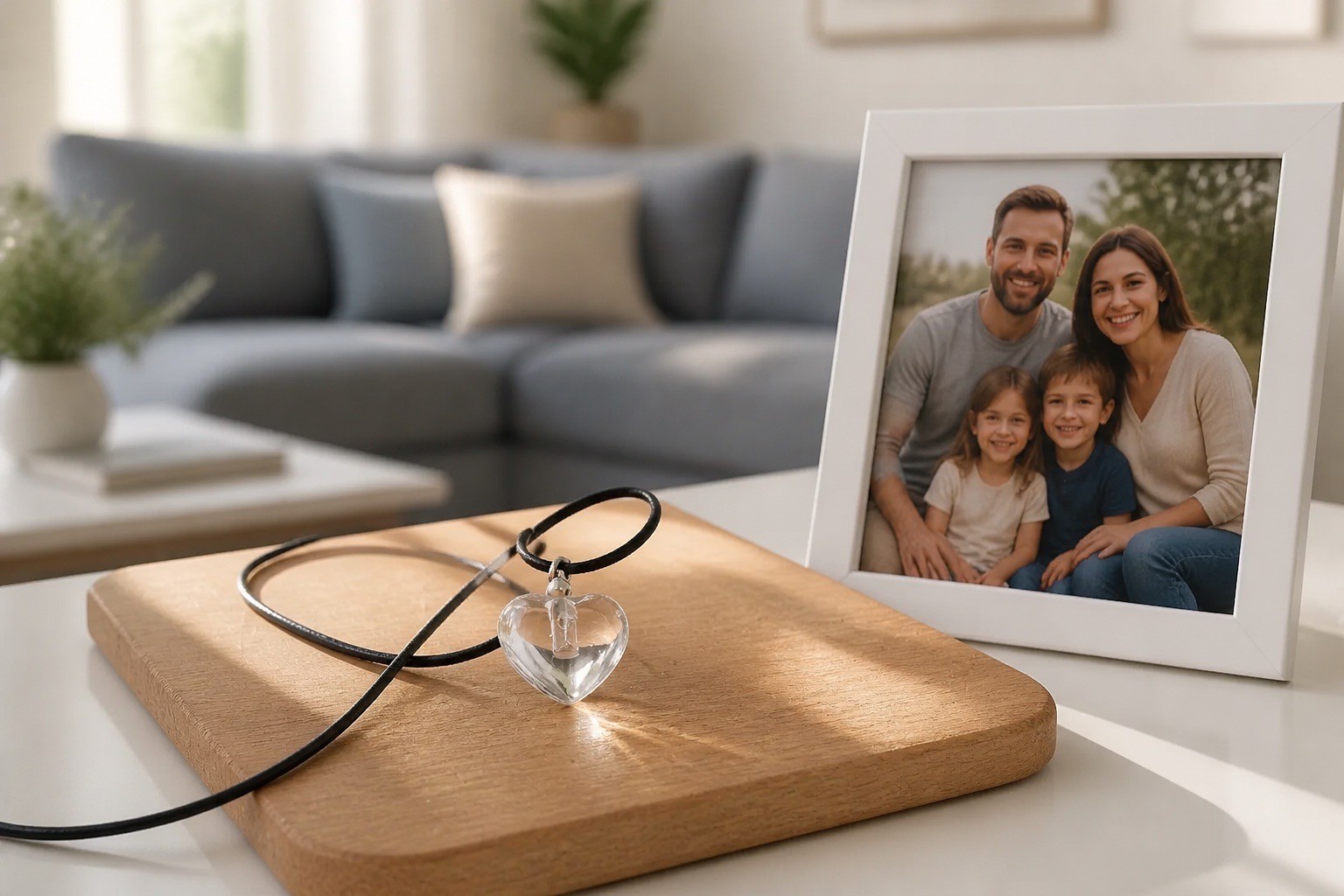 Erinnerungsschmuck Glasherz auf Holzbrett neben Familienfoto
